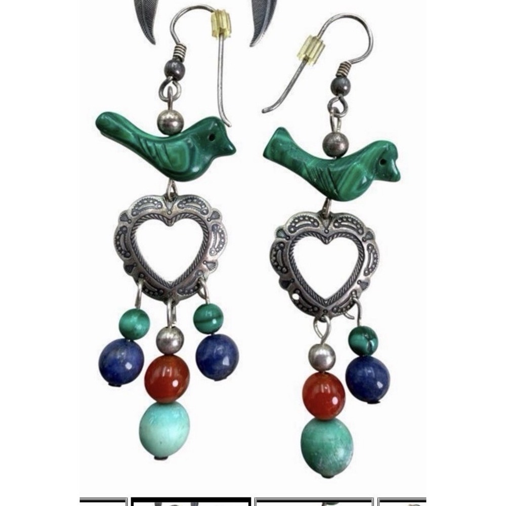 Vintage QT Quoc Native Sterling Turquoise 3" Dangle Heart Concho Earrings #424